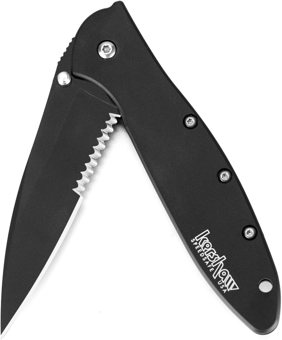 Kershaw Leek Black Serrated EDC Pocketknife, 3" Sandvik 14C28N Steel Blade, Assisted Opening Folding Knife