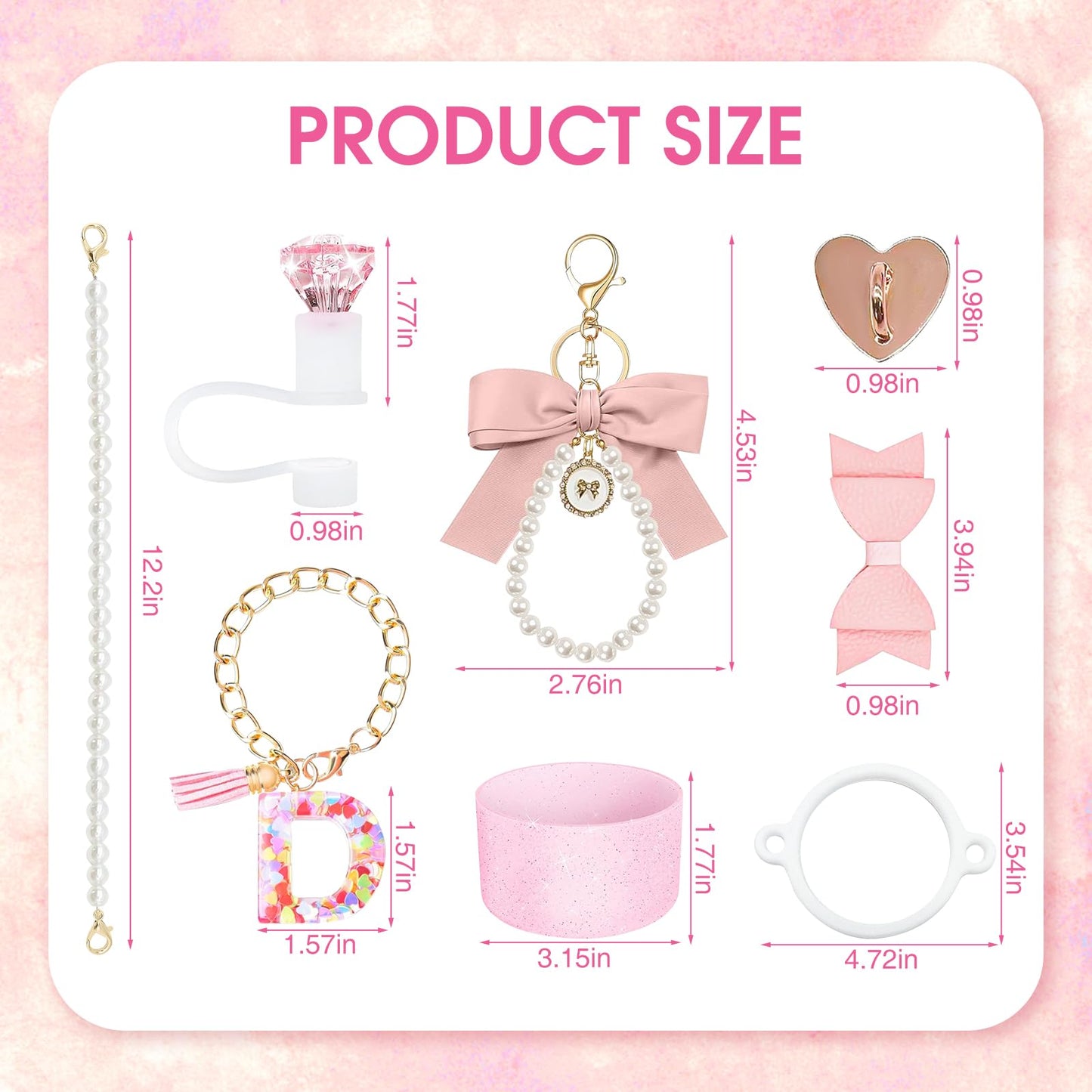 8Pcs Pink Stanley Cup Accessories Set for Stanley Cup 30&40 Oz Tumbler - Silicone Straw Cover Cap and Boot, Letter Charm for Handle, Bow Straw and Charm Decoration, Pearl Water Bottle Handle Strap(D)