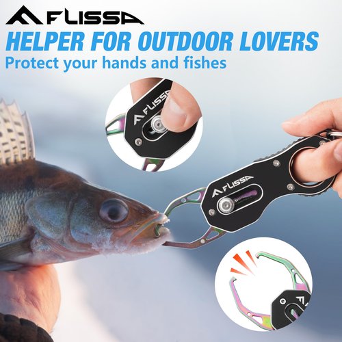 FLISSA 5" Mini Fish Gripper, 22 Pound Fish Lip Grip Tool with Carabiner and Spring Anti-Lost Rope, Durable Stainless Steel Fish Grabber Gripper, Corrosion Resistant & Portable