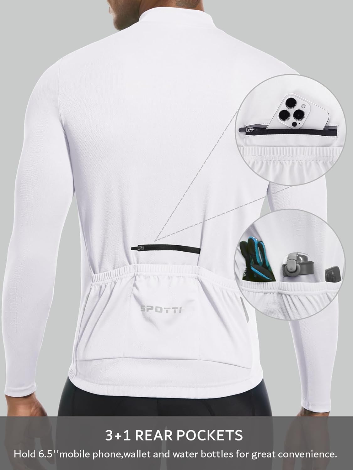 Spotti Men's Cycling Bike Jersey Long Sleeve with 3 Rear Pockets - Moisture Wicking, Breathable, Quick Dry Biking Shirt