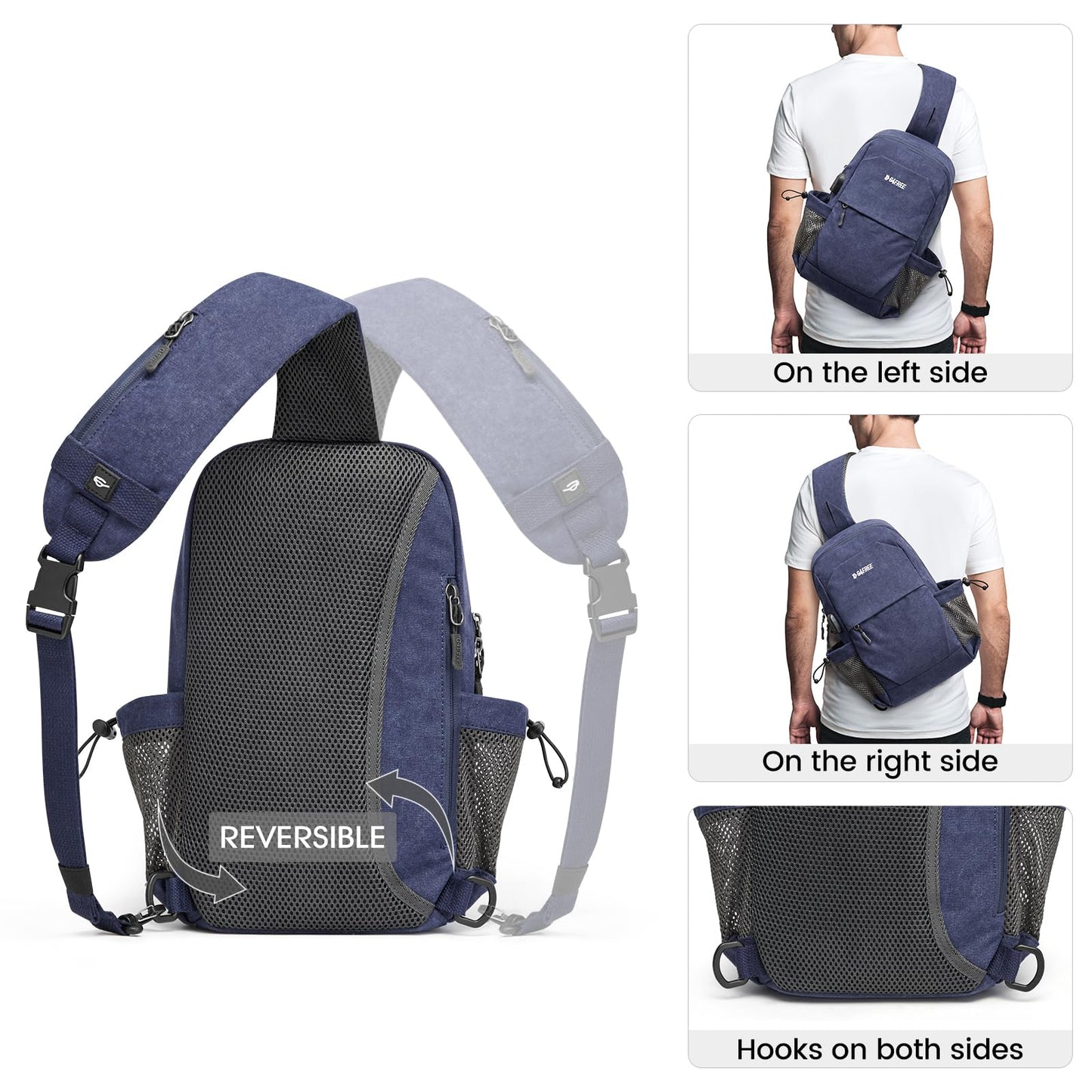 G4Free Canvas Sling Bag Crossbody Backpack Shoulder Bag for Men Women with Anti-theft Pocket & USB Charge Port (Dark Blue)