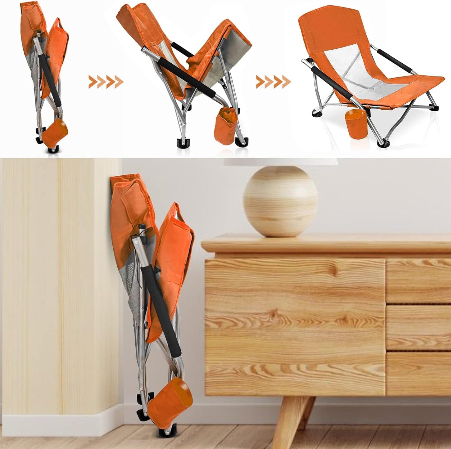 CAMP SOLUTIONS Camp Folding Beach Chair for Adults 2 Pack Chairs with Cup Holder Pocket Headrest Carry Bag for Outdoor, Beach, Camping, Lawn, Music Festival (Orange)