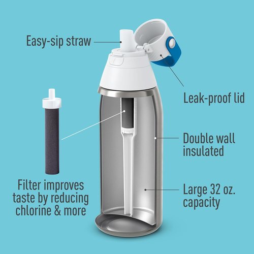 Brita Stainless Steel Premium Filtering Water Bottle, BPA-Free, Reusable, Insulated, Replaces 300 Plastic Water Bottles, Filter Lasts 2 Months or 40 Gallons, Includes 1 Filter, Stainless - 20 oz.
