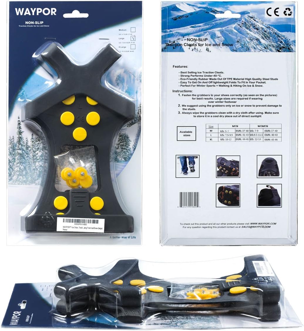 Ice Grips, Traction Cleats, Ice Cleat, Easy Slip On, Outdoor Durable, 10 Steel Studs, Stretchable, Prevent Slipping from Ice/Snow, Extra Studs Included in Each Package.