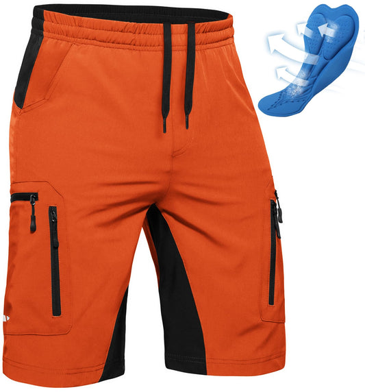 Ally Men's Mountain Bike Shorts 4D Padded Lightweight Loose-fit with Zipper Pockets for Biking Cycling Bicycle Riding Biker (Attached-pad Orange, Medium)