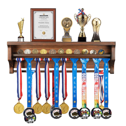 IHEIPYE Solid Wood Medal Hanger Display Shelf Medal Holder, Wall Mount Medal Rack Display Holder for Runners, Marathon, Race Winner,Soccer, Football, Gymnastics & All Sports-Walnut