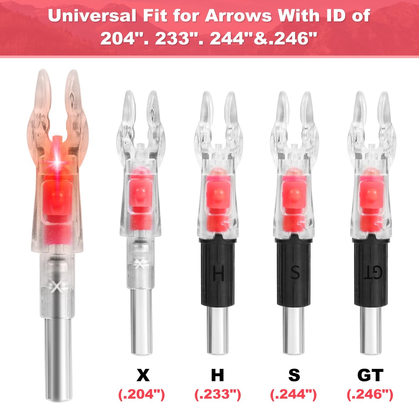 6PCS X Lighted Nocks for Arrows with .204 .233 .244 .246 Inside Diameter with H, S, GT Bushings LED Arrow Nocks, High-Visibility Lighted Knocks, Light Up Nocks with ON/Off Switch for Target Shooting