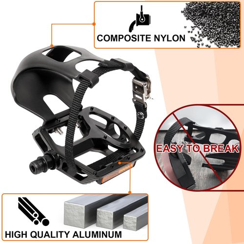 Bucklos Bike Pedals with Toe Cages and Straps - Bicycle Toe Clips Cage Compatible with Road Bike/Peloton/Mountian Bikes/MTB - Toe Clip Pedal for Wide Shoes Indoor Outdoor Cycling