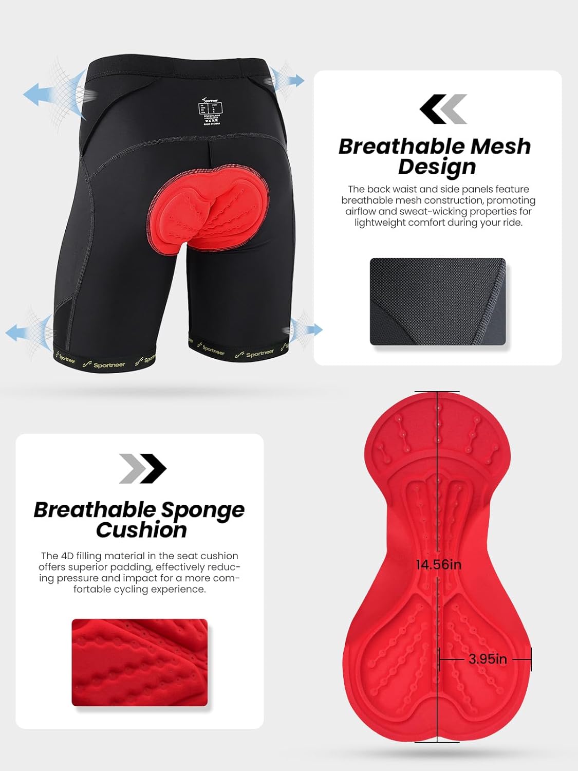 Sportneer Padded Bike Shorts for Men - 4D Padding Mens Bicycle Cycling Biking Clothing Shorts, Breathable and Absorbent