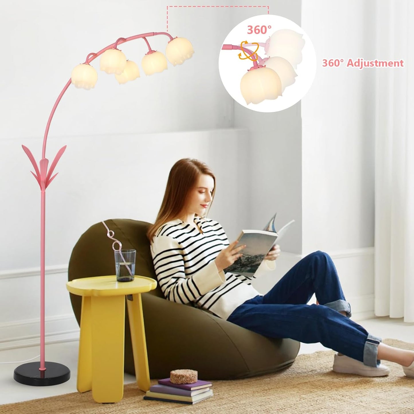 HMVPL Arc Floor Lamp for Living Room, Flower Floor Lamp with 5 G9 LED Bulbs, Foot Switch, Green Floral Standing Lamp with Acrylic Shade, Curved Tall Lamp for Living Room Bedroom Corner Kids Reading