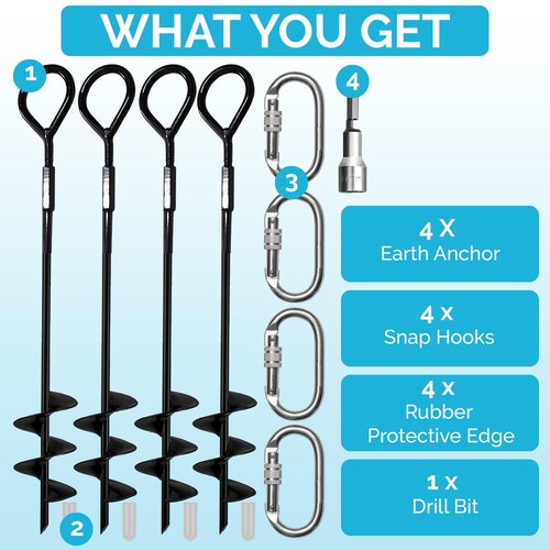 Sage Max Ground Anchors - 4X Heavy Duty Screw in Earth Stakes with 4 Hook Clips, 1 Drill Bit Piece - Fully Welded Trampoline Stakes with Wider Spiral - Shed Anchor Kit for Tent, Swings, and More