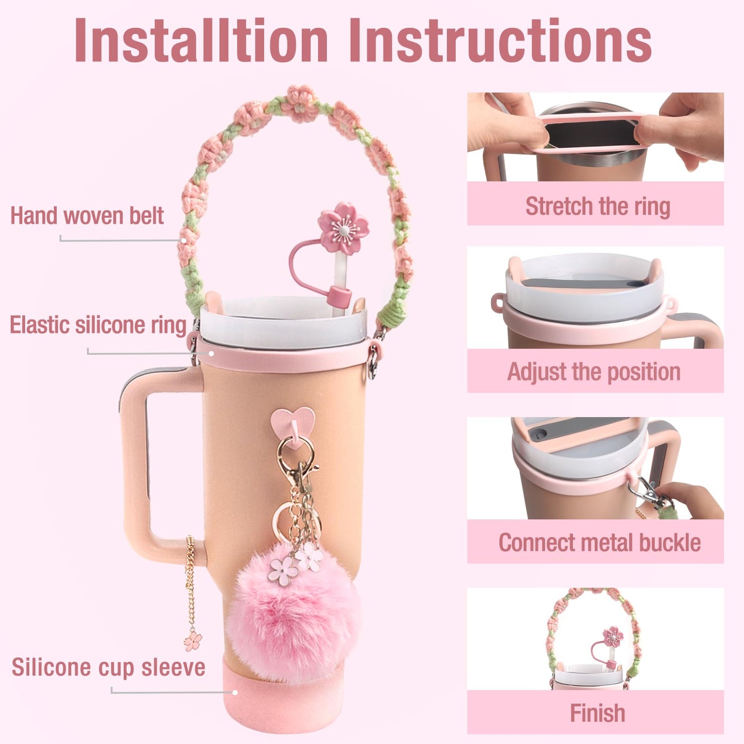 HONOARY Stanley Cup Accessories Set,Compatible with Stanley Cup 40oz & 30oz Tumbler,Including Silicone Stanley Cup Boot,Water Bottle Handle Strap,Straw Cover Cap,Charms for Stanley Cup