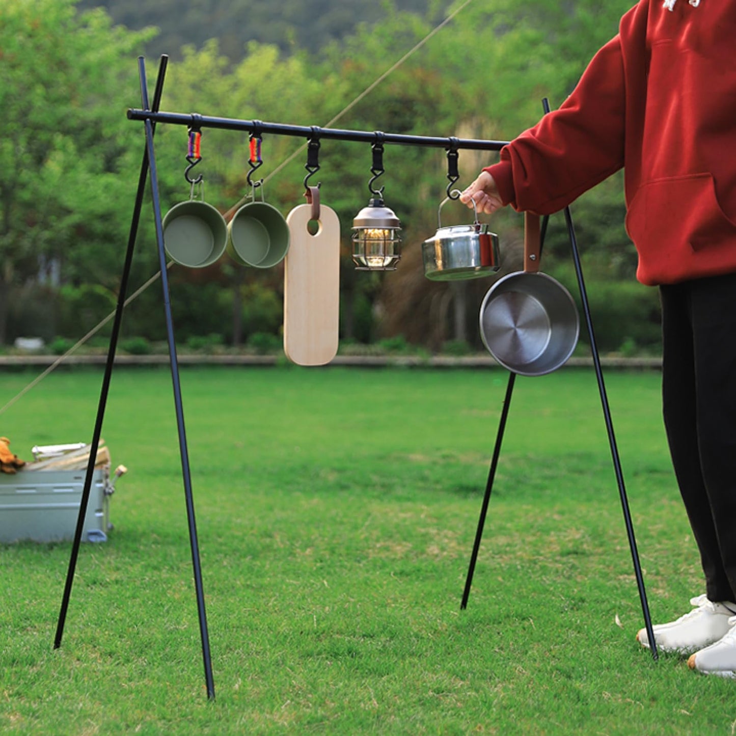 Alomejor Outdoor Camping Hanging Rack Foldable Portable Tripod Stand Quick Setup Lightweight Tools Cookware Storage Organizer Gear for Outdoor Enthusiasts