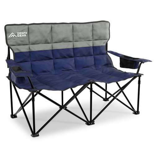 ZENTA GEAR Oversized Fully Padded Double Camping Chair, Portable Folding Loveseat w/Side & Back Pockets, Adjustable Armrests, Double-Sized Cup Holders for Outdoor, Indoor, Supports 530LBS (Dark Navy)