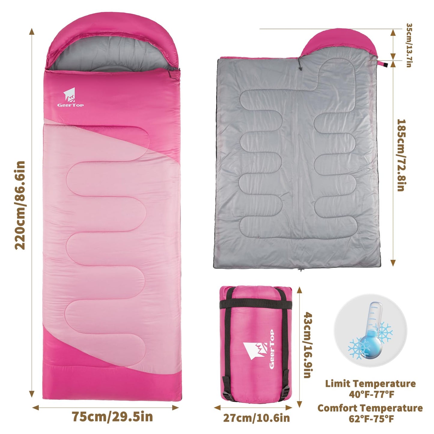GEERTOP Backpacking Sleeping Bag for Camping, Lightweight Sleeping Bags for Adults Kids Summer Warm Cold Weather Hiking Travel, (Blossom Pink, 86.5'' x 29.5'')