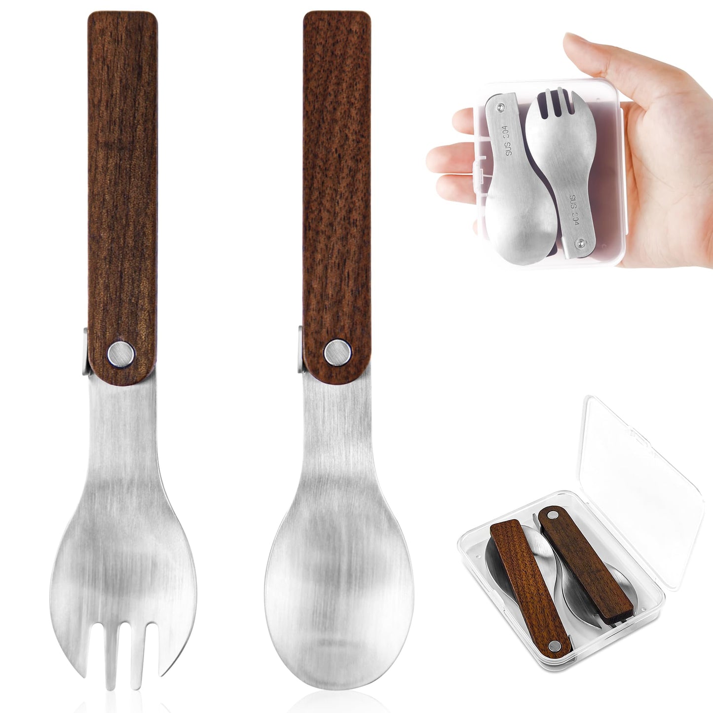 Foldable Fork and Spoon Set, 2pcs Portable Folding Spoon and Fork Set With Plastic Storage Case, Foldable Spoon Portable Fork With Wooden Handle For Travel Camping Outdoors Picnic