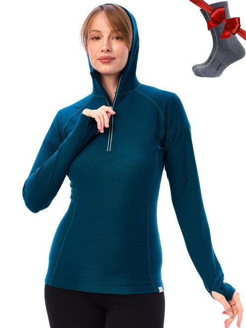 Merino.tech Merino Wool Hoodie Women - Slim Fit 100% Merino Wool Base Layer Women Half Zip Thermal Long Sleeve Shirt (Medium, 190 Deep Teal)