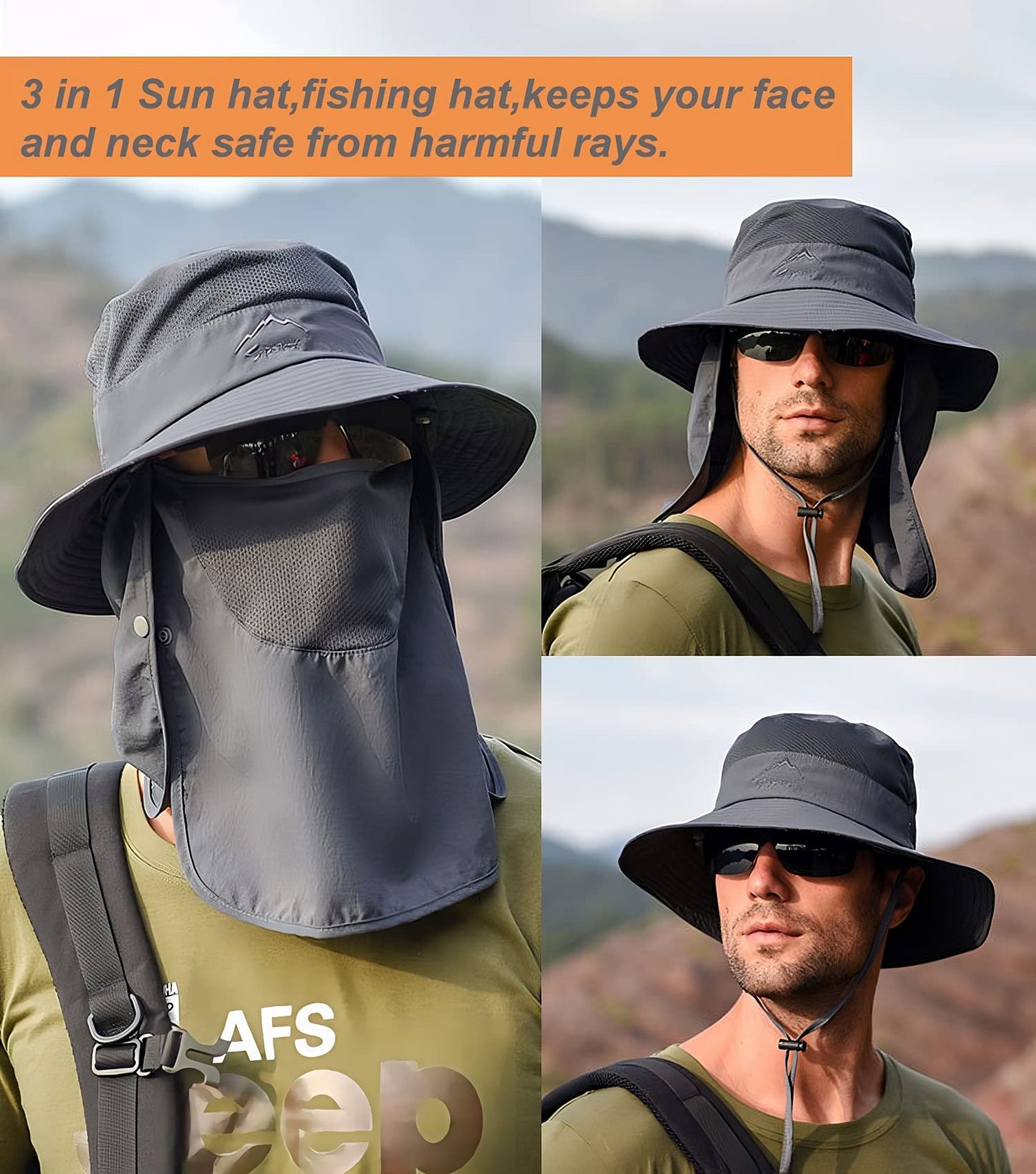 Mens Sun Hat with Neck Flap Quick Dry UV Protection Caps Wide Brim Fishing Hat Summer Beach Hat Outdoor Hiking Hat UPF 50+ Dark Gray