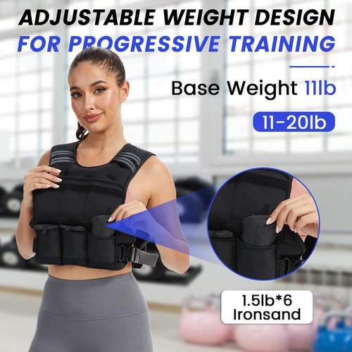VBSD Adjustable Weighted Vest for Women Men 11-20lb Vest with 6 Ironsand Weights Body Weight Vest with Reflective Strip for Running Walking Strength Training Workouts