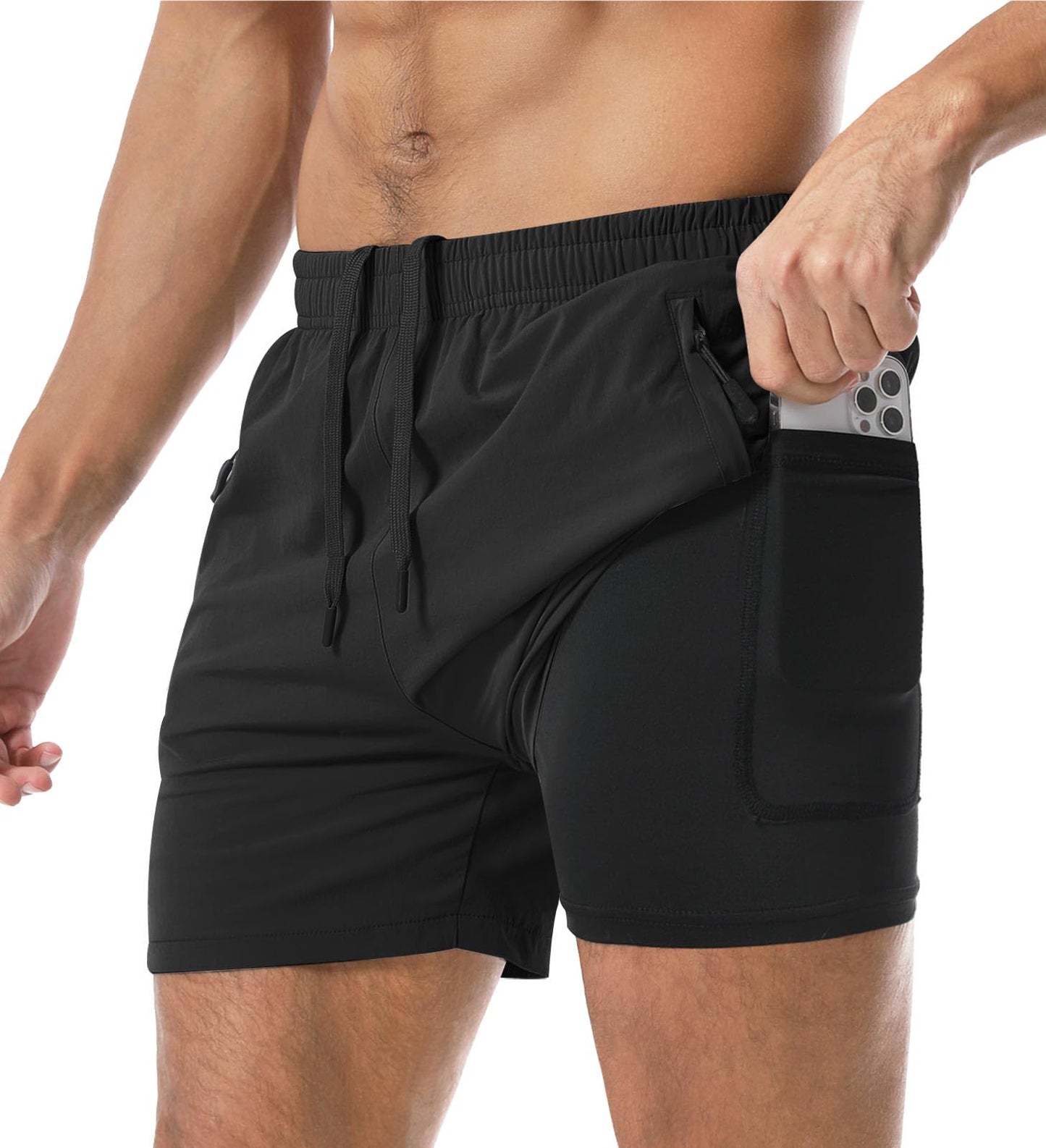 Aolesy Men's Gym Shorts 5 Inch Quick Dry Workout Running Shorts with Zipper Pockets Lightweight Sports Athletic Shorts for Men Black