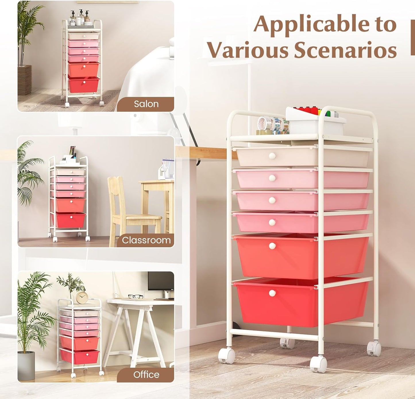 RELAX4LIFE 6-Drawer Rolling Storage Cart - Classroom Organization on Wheels w/Removable Plastic Drawers, Mobile Art Craft Cart for School Paper Home Office, Utility Cart with Drawers (Macaron)