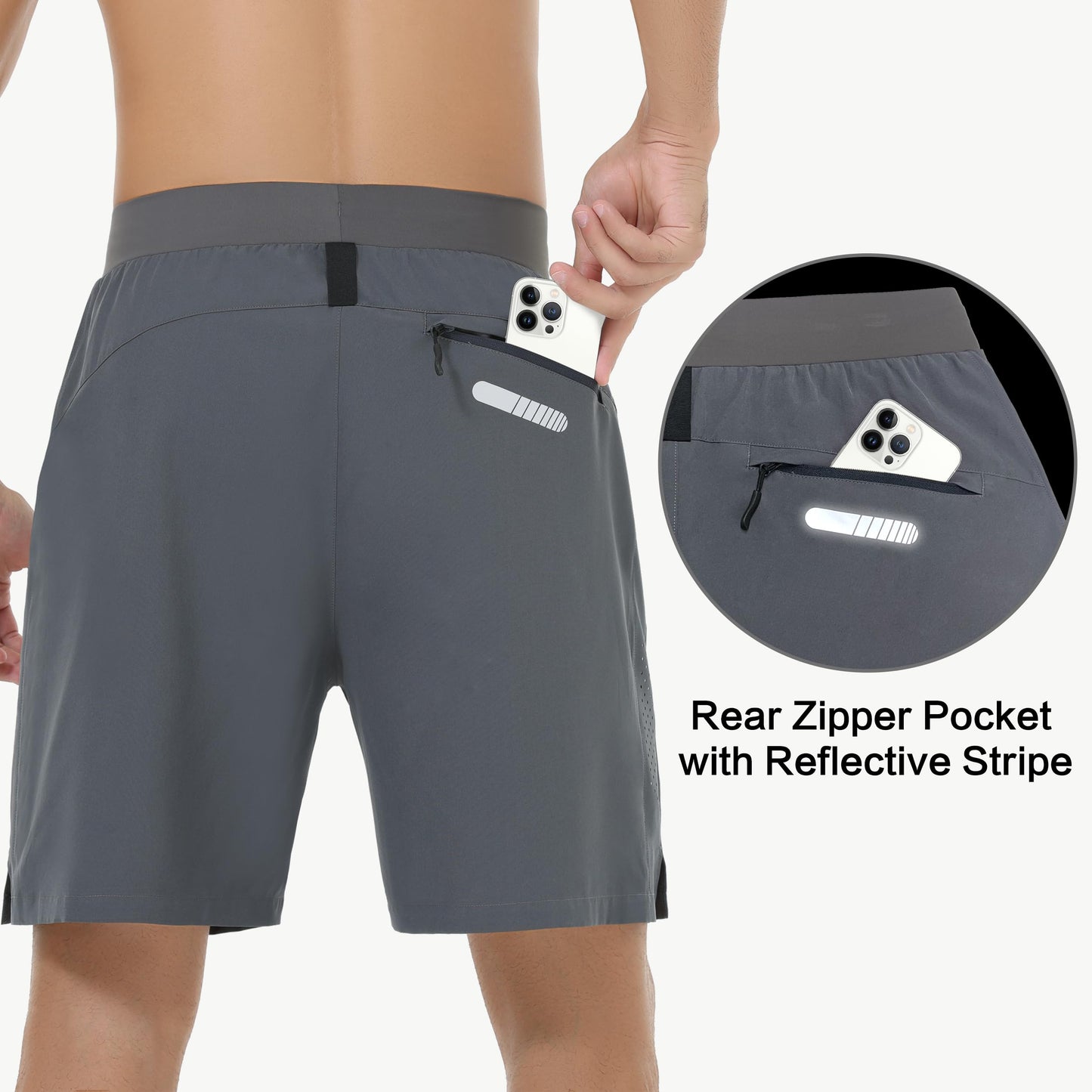 JIM LEAGUE Mens Running Athletic Shorts 7'' Quick Dry Lightweight 3 Zipper Pockets Workout Casual Gym Elastic Waistbad Grey