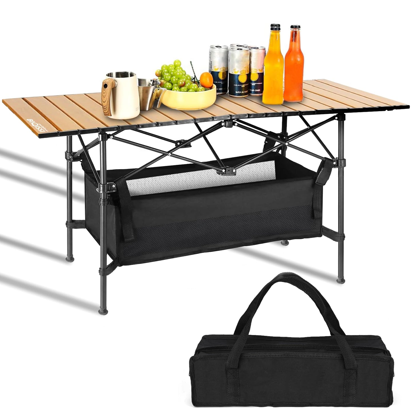 Folding Camping Tables That Fold Up Lightweight,Aluminum Roll Up Camping Table for 4-6 Person Camp Table with Large Storage and Carrying Bag for Outdoor, Picnic, Backyards, BBQ, Beach, 220 Lbs, Oak
