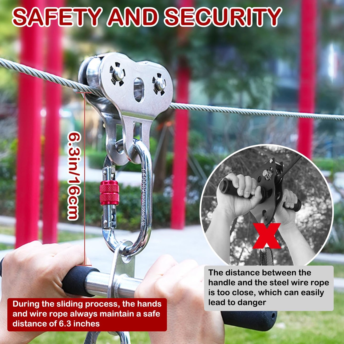 Fologtoo Zipline Pulley, Heavy Duty 304 Stainless Steel Zipline Trolley with Handle for 1/4" to 3/8" Cable, Tandem Speed Double Pulley for Backyard Zip Line, Hauling, Rigging and Commercial Purposes