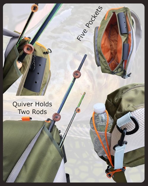 SUMATO Fly Fishing Tenkara Sling Pack with Dual Rod Quiver - 5 Pocket Storage - Lightweight & Comfortable - Unisex - Multi-Use Outdoor Adjustable Backpack