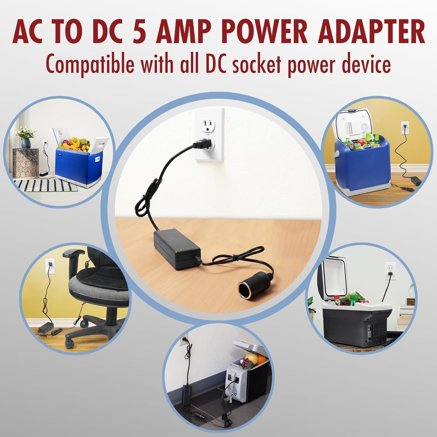 12V 5A Power Adapter Converter for Coleman Electric Cooler 5232D640T Thermoelectric Cooler 120 Volts to 12V DC Car Auto Boat RV Cigarette Lighter Plug Socket Power Supply Cord PS
