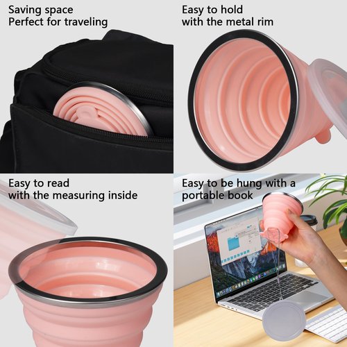 O-CONN 2 Pack Collapsible Cup, Silicone Collapsible Travel Cup, Silicone Folding Camping Cup with Lids Expandable, Drinking Cup for Outdoor Hiking Travel, Outdoor Sports- Portable, Graduated