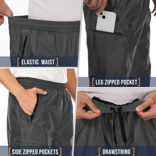 Men's Rain Pants Waterproof Over Pants Windproof Outdoor Hiking Pants for Golf, Fishing，Cycling Black
