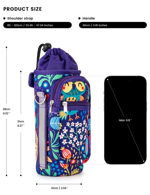 molshine Water Bottle Carrier Bag Holder with Phone Pocket Adjustable Strap for 25 32 40oz, Insulated Neoprene Cover Sleeve Sling Crossbody Bag for Walking Camping Hiking Travelling (Owl)