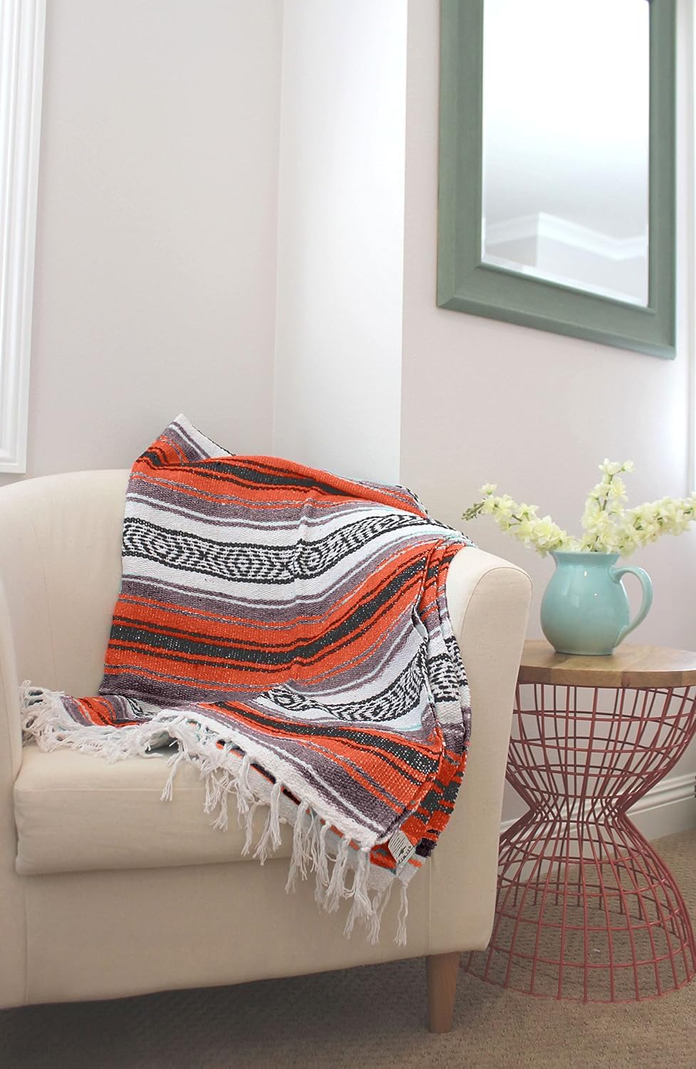 Authentic Del Mex Large Mexican Blanket - Woven Falsa Throw (70"x50") for Beach, Yoga & Outdoor Decor - Pink/Tan