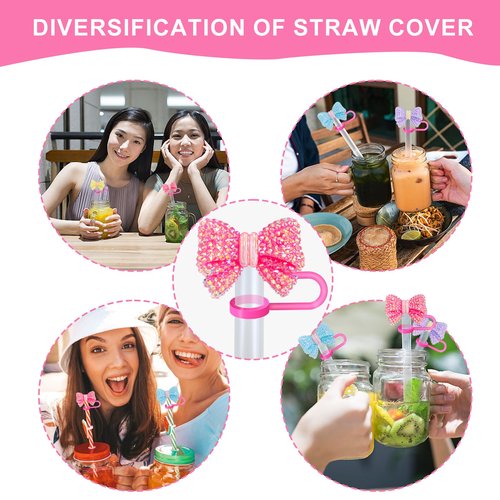 Hikkcos 4Pack Cute Bowknot Straw Cover Cap for Stanley Cup,30 40 Oz Silicone Straw Topper Compatible with Water Bottle Cup 10mm Dust-Proof Reusable Straw Tips Lids