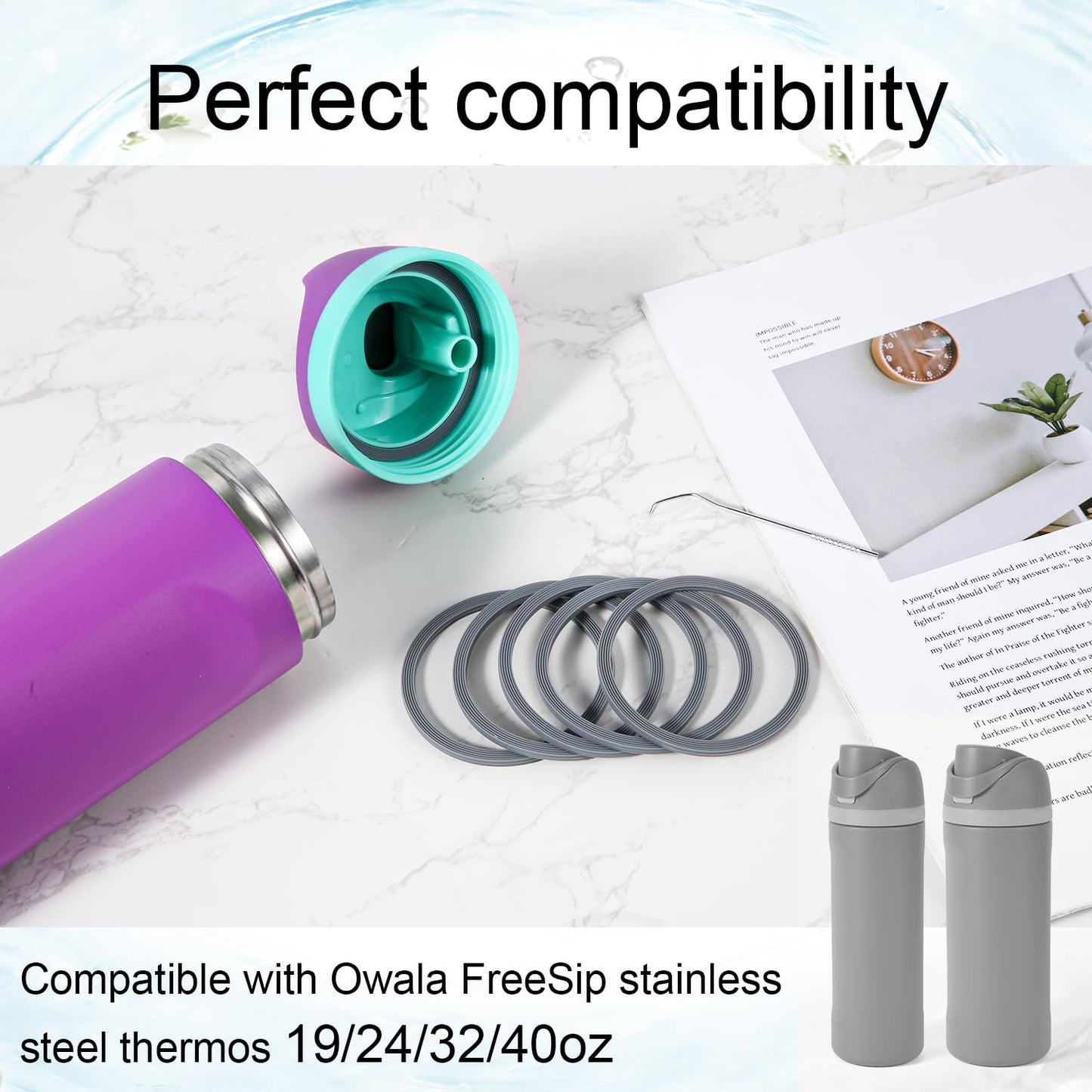 6pcs Water Bottle Gasket + Crochet, O Ring Water Bottle Gasket Replacement Parts Silicone Lid Seal Ring Accessories for Owala FreeSip 19/24/32/40oz