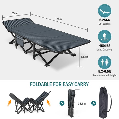 Mopaicot Camping Cot for Adults, Folding Bed with Comfortable Cushion, Tent Portable Sleeping Bed with Carry Bag for Camp Office Use Outdoor Cot Bed for Traveling Supports 450 lbs