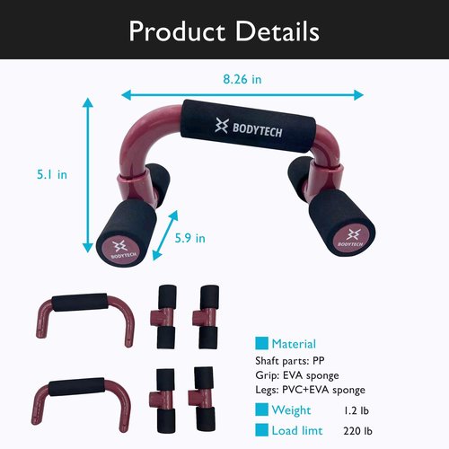 BODYTECH Push up Bars Strength Training with Foam Grip & Non-Slip handling. Load Capacity 220 lbs Wine Red Color