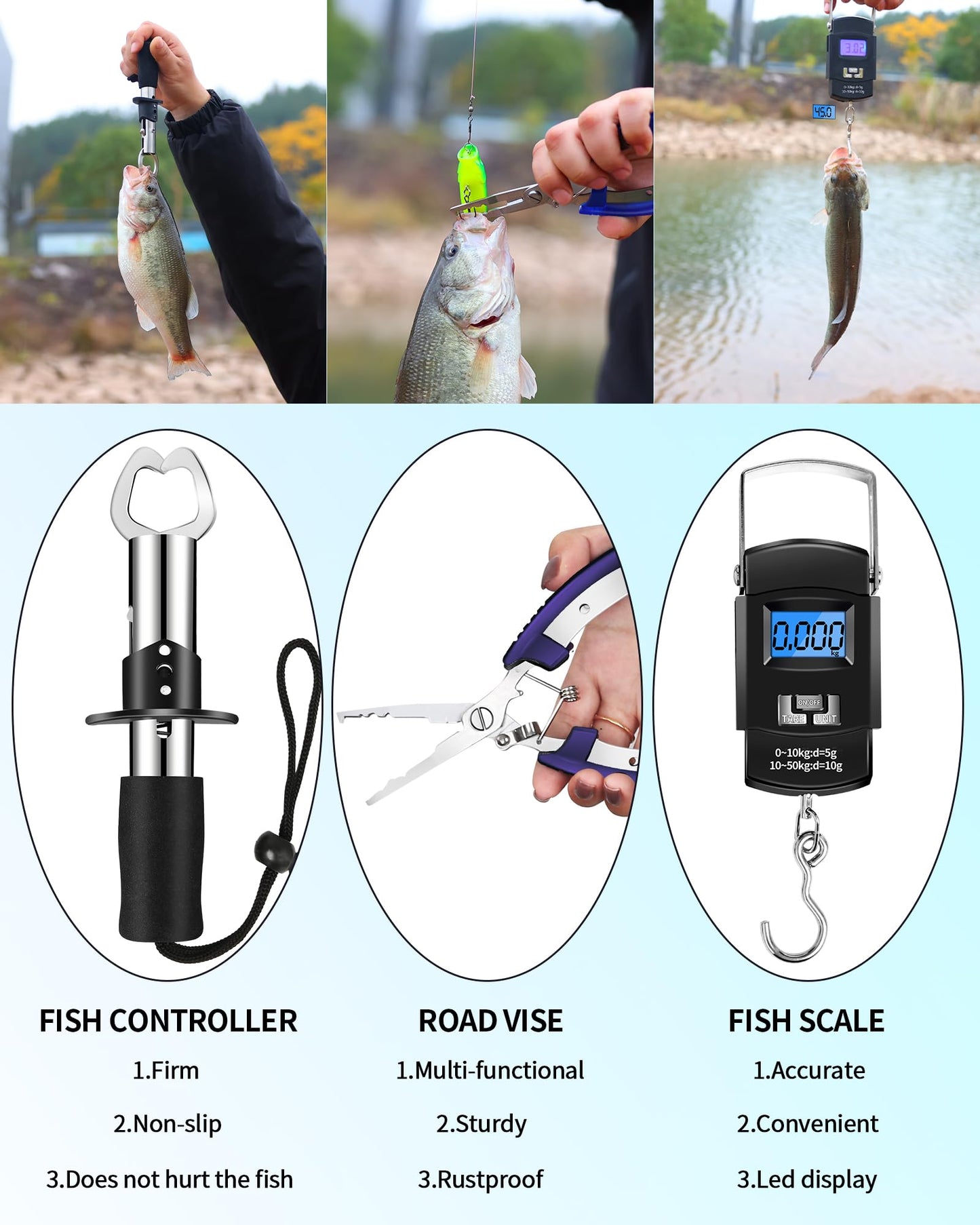 AOFUXTI Fishing Tool Kit - Fishing Pliers Kit, 112Pcs Fishing Gear and Equipment, with Fish Hook Remover, Fishing Scale, Fishing Scissors, Fish Lip Gripper, Fishing Lures (Blue and Fisherman's hat)