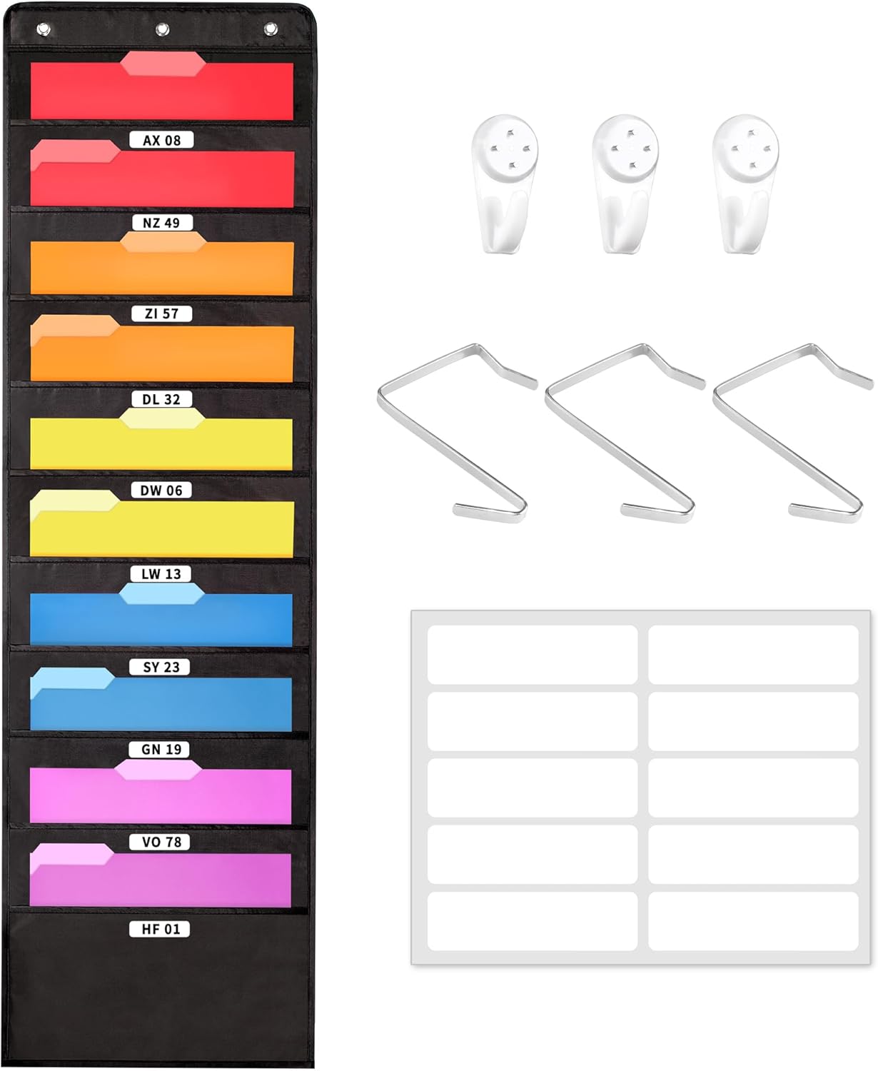 Annecy 10 Pockets Hanging Wall File Organizer, Black Storage Pocket Chart for File Folder and Paper, Space Saver for Office and Classroom, with Wall Hangers, Over The Door Hooks, Labels