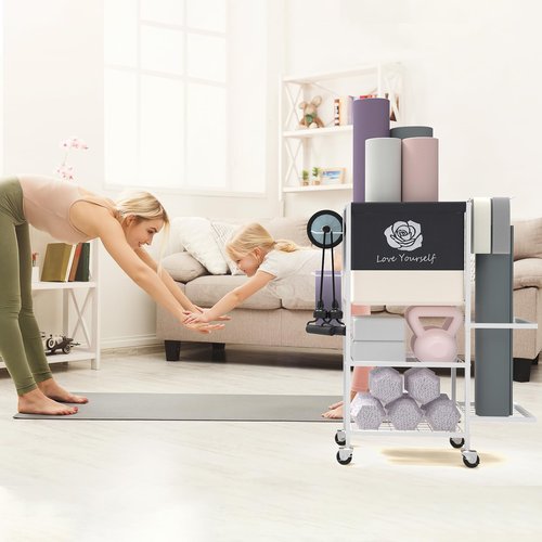 Lovind Yoga Mat Storage Rack，Home Gym Storage Rack Gym Workout Equipment Storage Organizer on Wheels for Yoga Mat,Yoga Block,Foam Roller,Resistance Band,Dumbbell,Kettlebell (White)