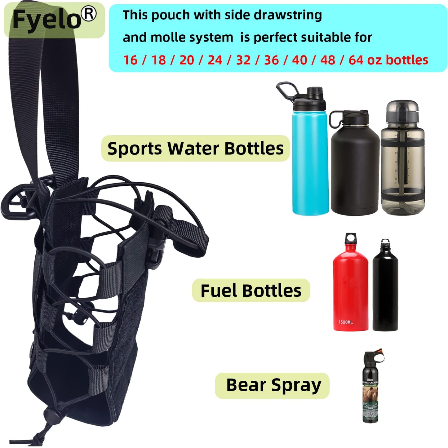 Fyelo Molle Water Bottle Holder Tactical Pouches 32 40 64 oz Multi Use for Outdoor Sports/Backpack/Vest/Belt/Bike, 3 Color (Black, Brown, Green)