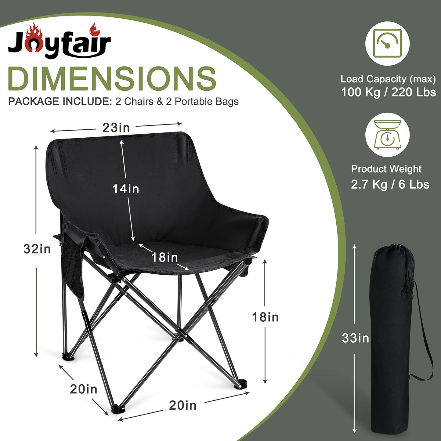 Joyfair Outdoor Camping Chair for Adult, Large Portable Folding Moon Chairs with Carry Bag for Patio Beach, Fishing, Lawn and More Outdoor Sports, 600D Oxford Fabric & Heavy Duty Steel (2, Black)
