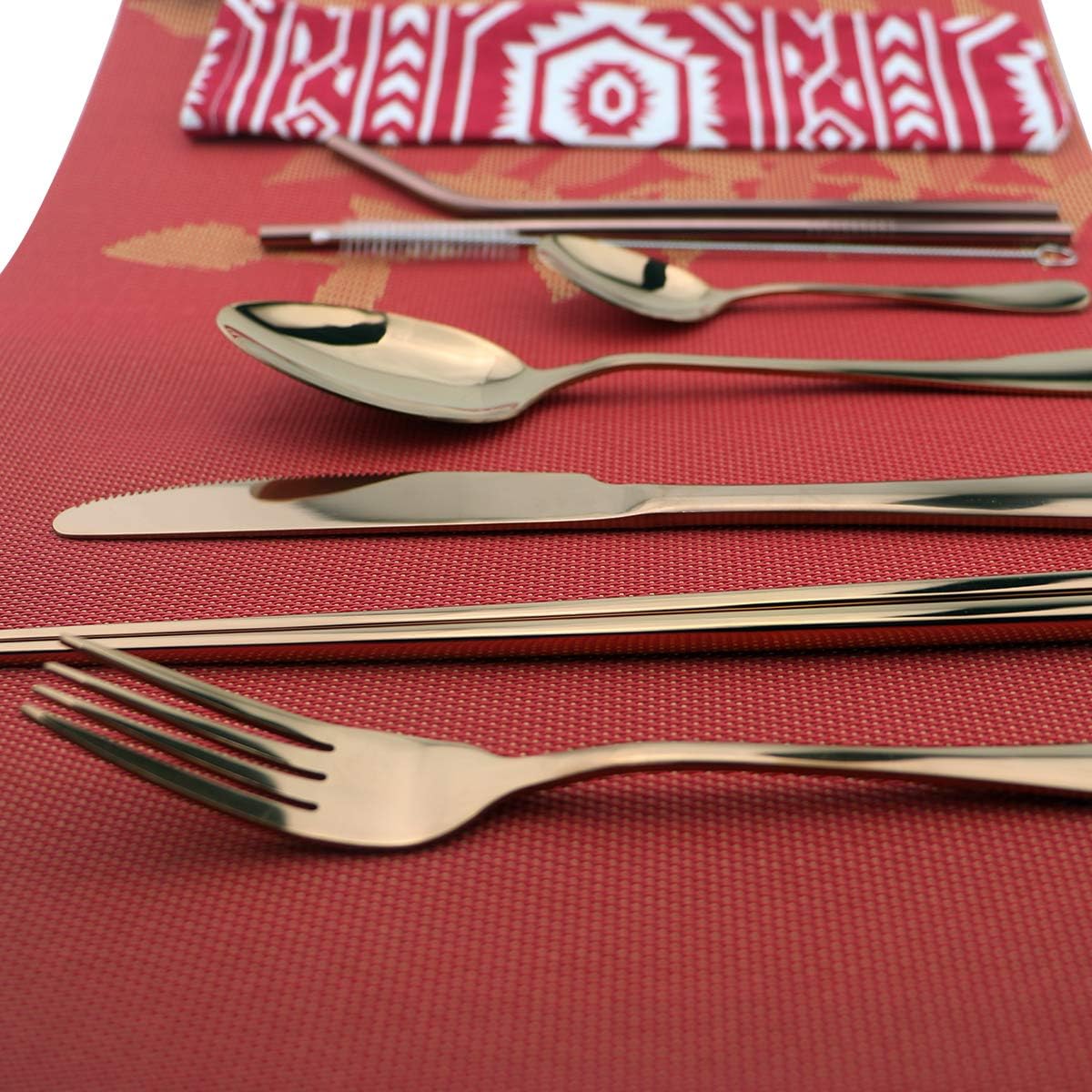 8 Pieces Stainless Steel Mirror Poblished Flatware Set Reusable Cutlery Set Travel Utensils Set with Straws for Camping Office or School Lunch,Dishwasher Safe (Rose Gold)