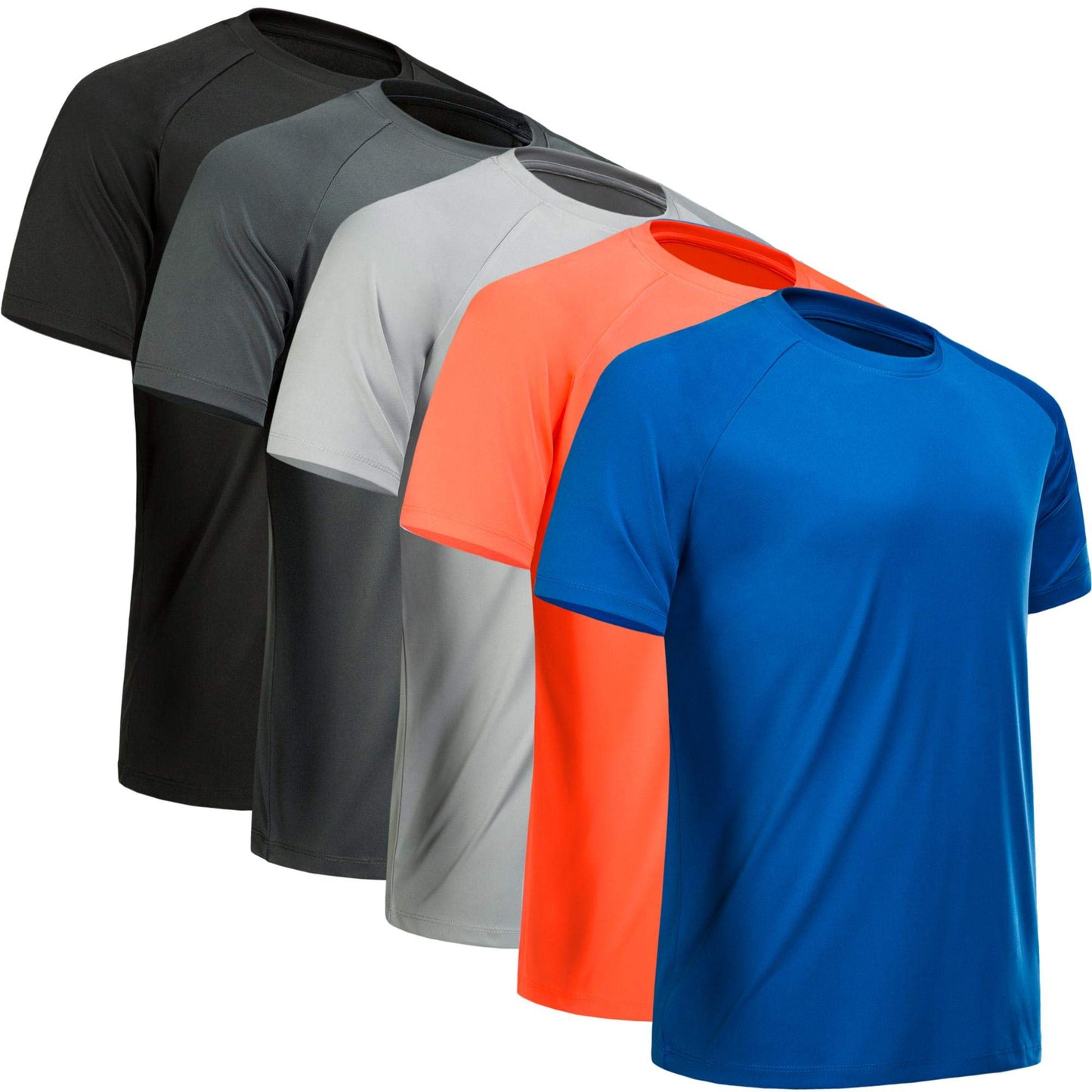 MCPORO Workout Shirts for Men Short Sleeve Quick Dry Athletic Gym Active T Shirt Moisture Wicking 5 Pack Black, Dark Grey, Light Grey, Blue, Orange Small