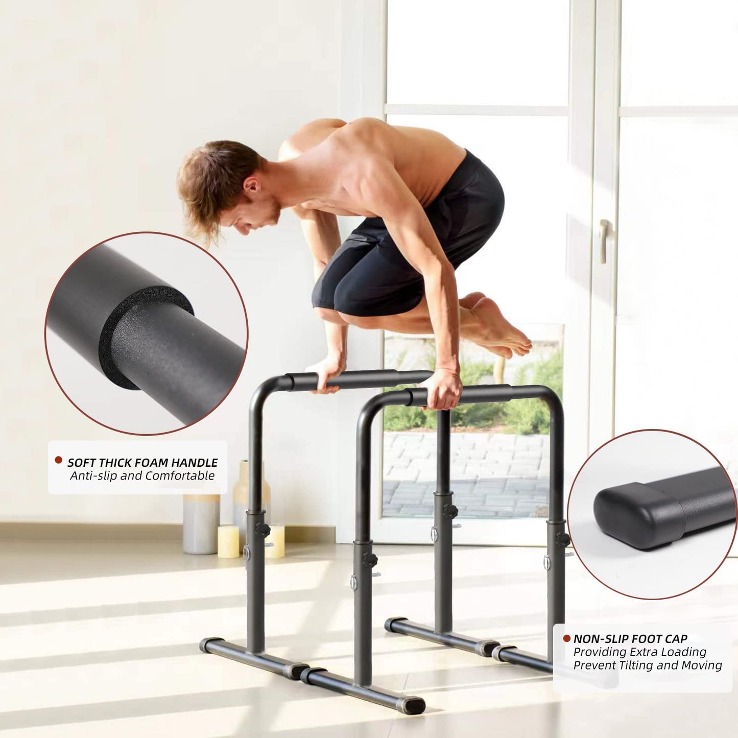 Adjustable Dip Bars for Home Gym Workout, Heavy Duty Dip Stands Strength Training Fitness Dip Station Calisthenics for Tricep Dips, L Sits (Black - Adjustable)