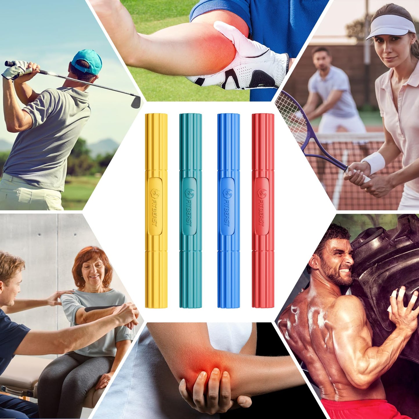 FitBeast Hand Exerciser Bars for Physical Therapy - Relieves Tendonitis Pain & Improve Grip Strength, Injury Recovery, Forearm (4 Piece Set - Yellow Green Blue Red)