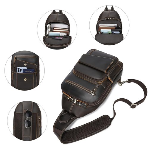 LANNSYNE Vintage Full Grain Genuine Leather Casual Sling Bag For Men Hiking/Travel/Business Crossbody Chest Bag Fits 12.9 Inches iPad Daypack -Brown