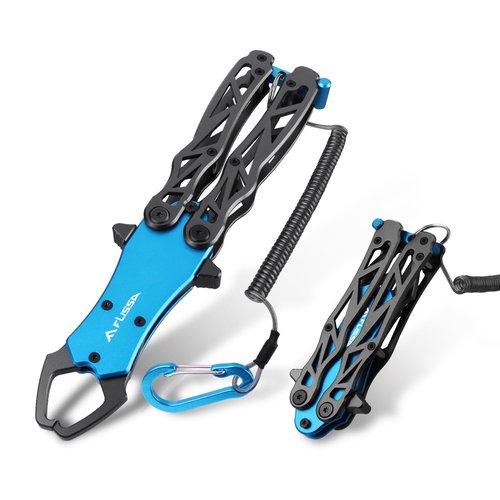 FLISSA Folding Fish Gripper with Lanyard, Lightweight Aluminum Fish Grabber, Portable Fish Lip Gripper Holder for Saltwater and Freshwater Fishing