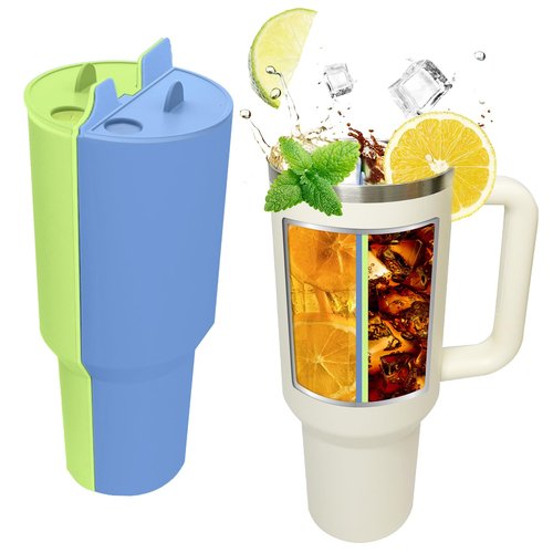 PUDASTO 2-in-1 Drink Separator Silicone Liner fit Stanley Cup 40oz, Inner Section Tray for Stanley Tumbler Accessories, Reusable Cup Divider Two Drinks in One Cup (Green/Blue)